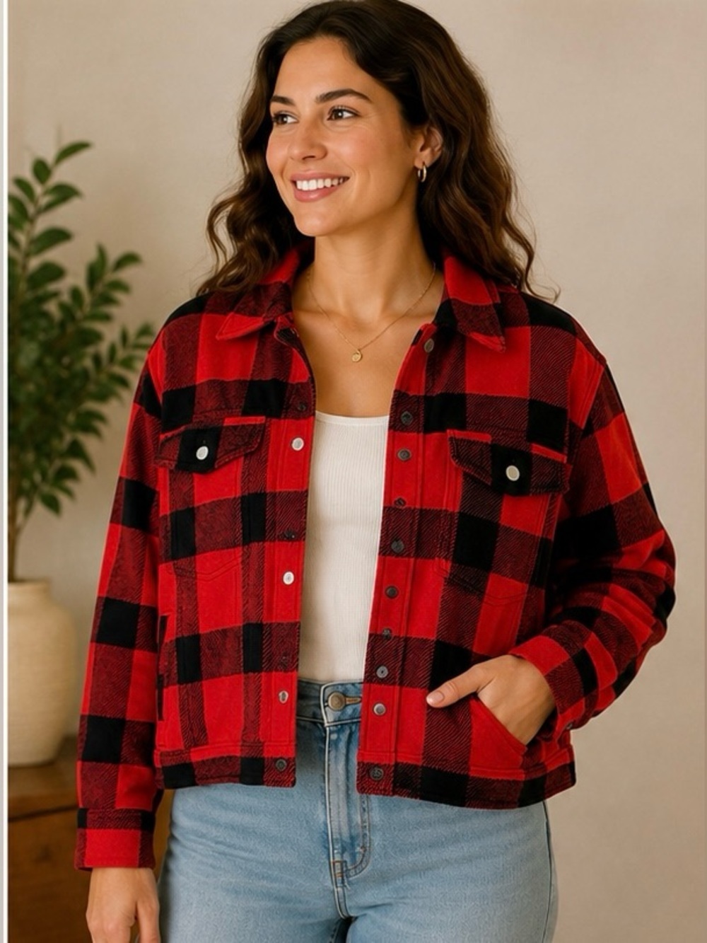 Gap Red Black Buffalo Plaid Jacket Women’s XL Cropped Wool Jacket